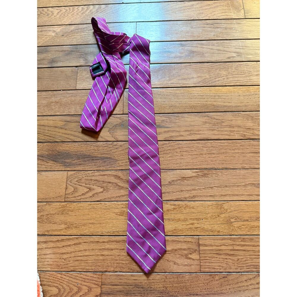DKNY Mens 100% Silk Tie Purple Blue White Striped Pattern Necktie Classic Preppy
